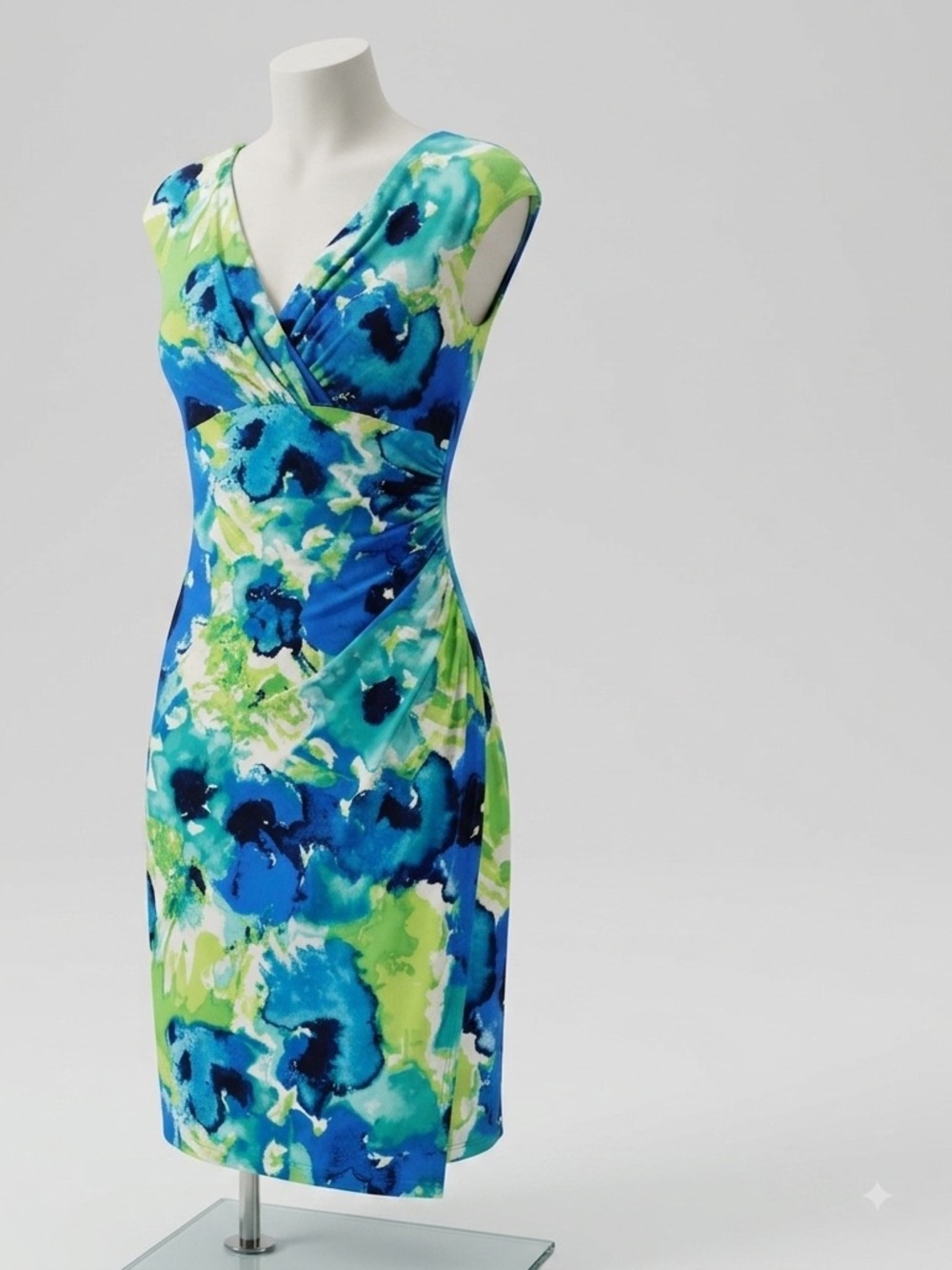 Lauren Ralph Lauren Dress 6 Blue Green Floral Ruched Faux Wrap Wedding Guest